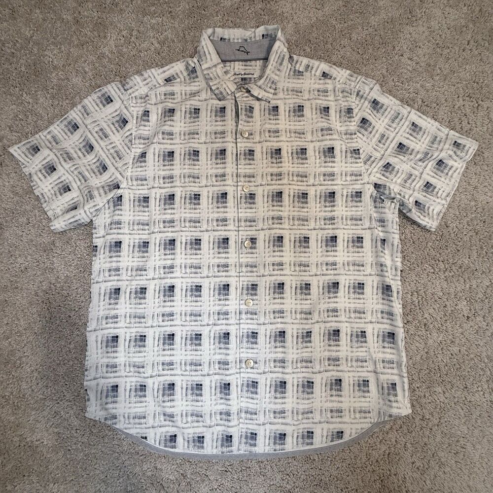 Tommy Bahama Island Zone Shirt Men L Large Silk Blend Cream Blue Gray Geometric
